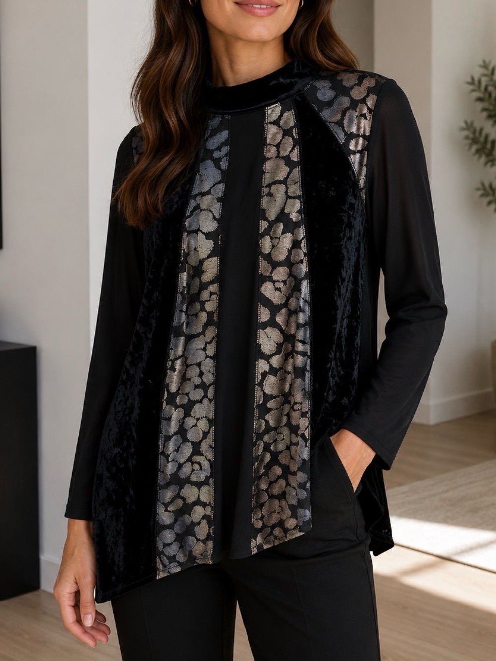 Logo Lavish M black pieced tie dye velvet boho grunge mock beck tunic witchy
